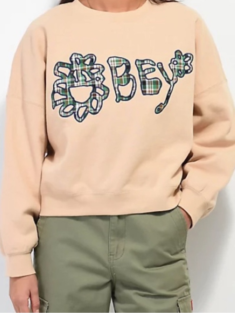 Obey Nana Beige Cropped Sweatshirt with Green Plaid Logo